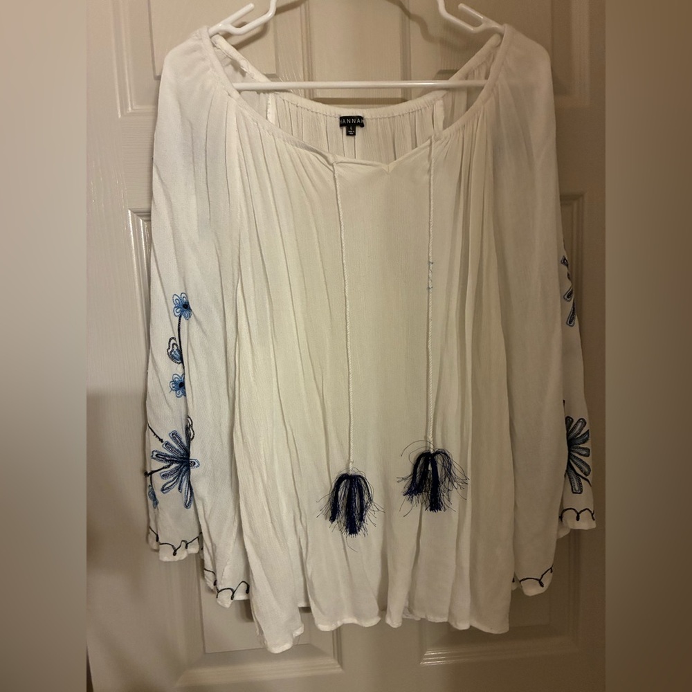 Hannah White Blouse with‎ Blue Floral Embroidery